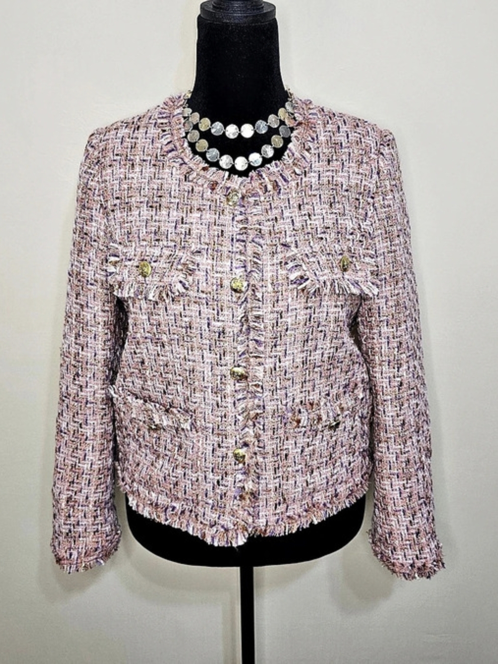 Pastel Pink Plaid Bouclé Tweed Fringe Lady Jacket with Gold Hardware Sz M